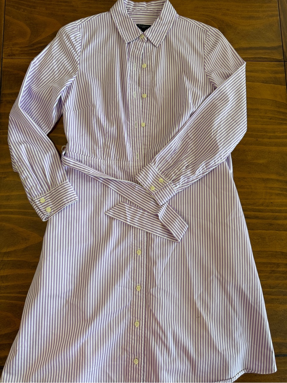 Talbots 4P Purple and White Striped Button Down Shirt Dress with Tie & Pockets
